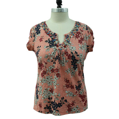 Embellished Neckline Floral Printed Jersey Top