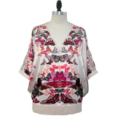 Lace Trim Butterfly Printed Woven Top