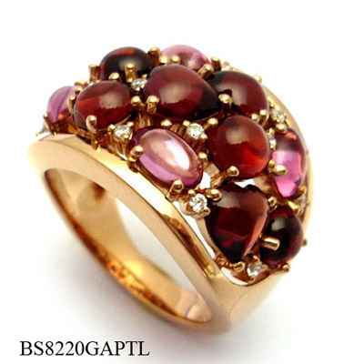 18K Gold Garnet, Pink Tourmarine, Diamond Ring