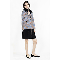 Check Woolen Short Jacket with Removable Faux Fur Collar