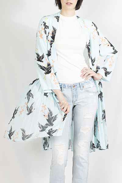 Bird Print Coat with Pleats in Digital Print