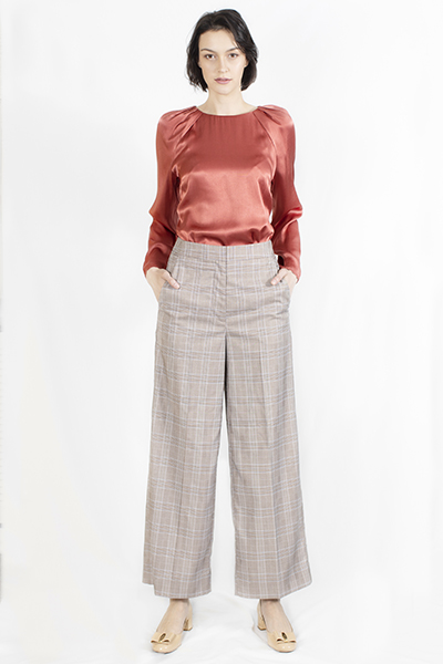 T-1906017-2 Top: Shoulder Pleat Blouse, T-1906017-3 Bottom: Checked Pants