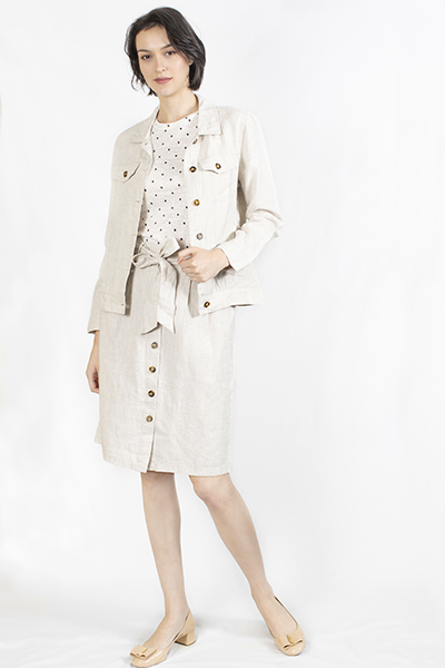 T-1906024-1 Jacket: Linen Jacket in Denim Style, T-1906024-2 Top: Star Print Linen Knitted Top, T-1906024-3 Linen Skirt with Belt