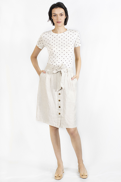 T-1906024-2 Top: Star Print Linen Knitted Top, T-1906024-3 Linen Skirt with Belt