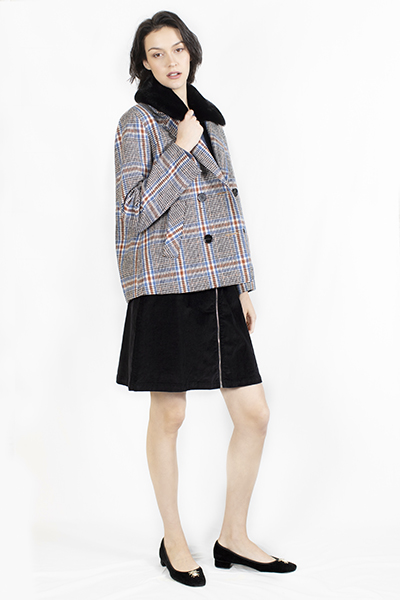 Check Woolen Short Jacket with Removable Faux Fur Collar