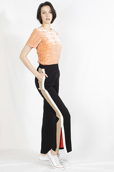 T-1906030-1 Top: Burnt-out Velvet Top, T-1906030-2 Pant: Side Stripes Long Pant with Zipper Slit