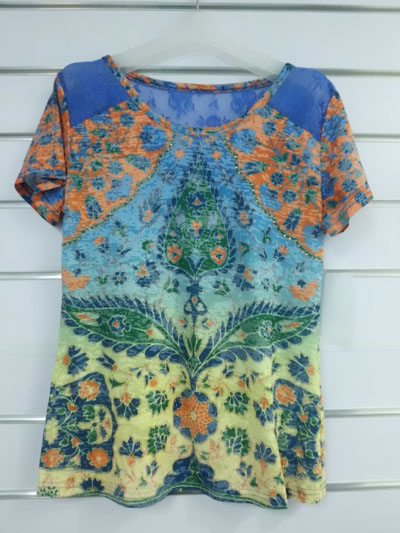 Ladies' printed top with lace on shoulder & back, with glittering & rhinstone details.