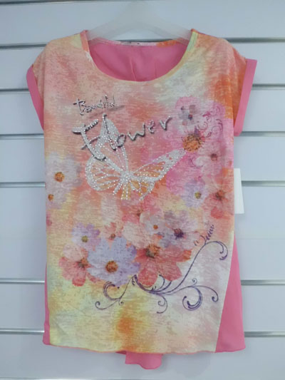 Round neck top with flower prints & rhinstones