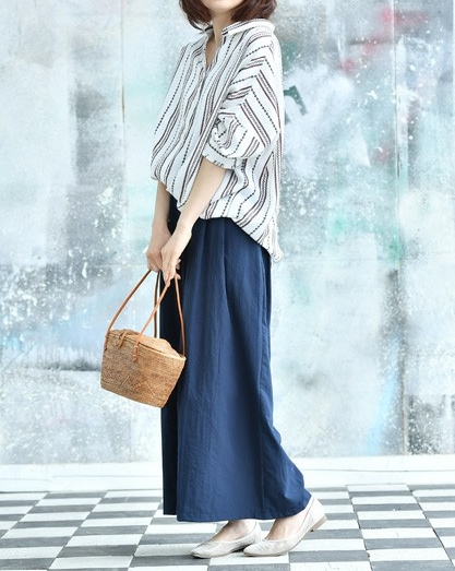 Short Dolman Sleeves Stripe Pullover