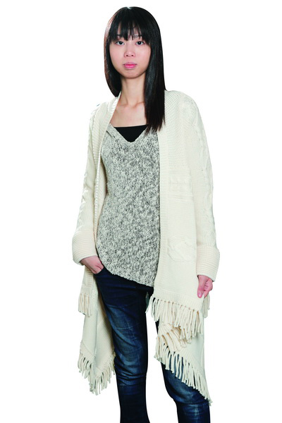 Inside: Ladies' Fancy Yarn Knitted Blouse with Angled Hem / Outside: Ladies' Knitted Coat with Fringe Trim