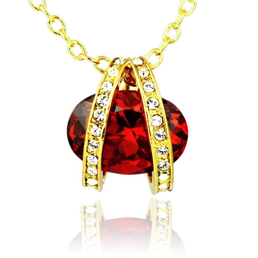Gold Plated Red Garnet Stone With Swarovski Crystal Pendant Necklace