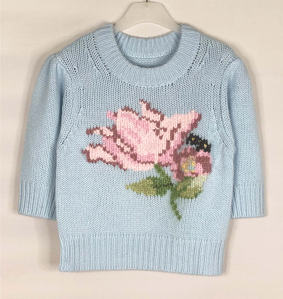 Round Neck Puff Sleeve Pullover with Embroidery