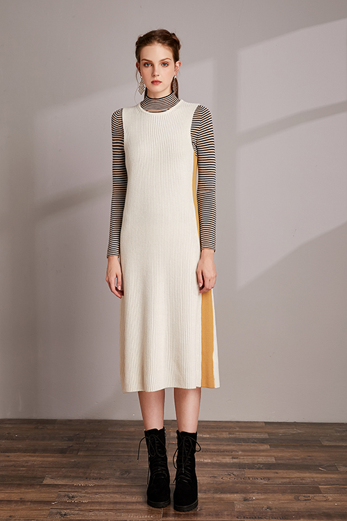 White Knit Vest Dress / Beige Stripe Wool Basic