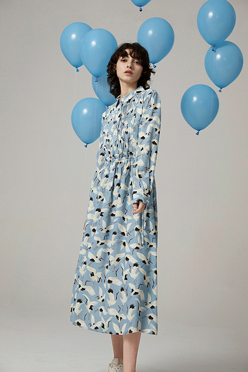 Nerak Japanese Cranes Pleated Midi Dress