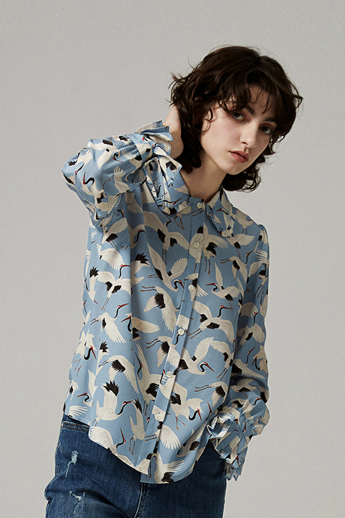Nerak Japanese Cranes Ruffle Shirt