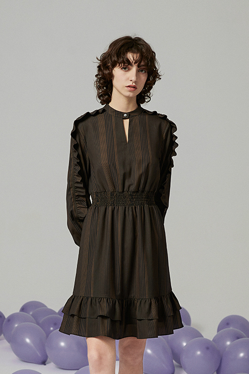 Ecila Stripe Ruffle Shoulder Sleeve Dress