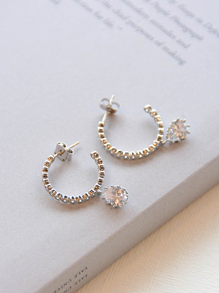 Cubic Zircronia Décor Hoop Earrings Silver