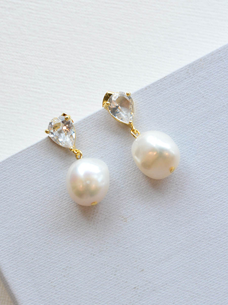 Large Drop Pearl with Cubic Zircronia Earrings