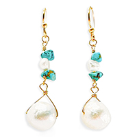Silver Fish Hook Earrings with Freshwater Pearl and Gem Stones