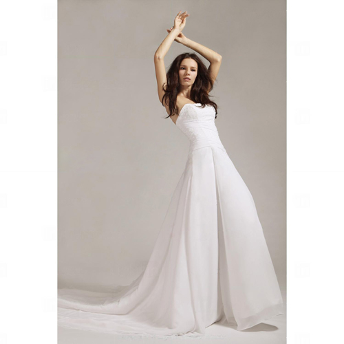 A-line/ Princess Strapless Cathedral Train Chiffon Over Satin Wedding Dress With Ruched Waist