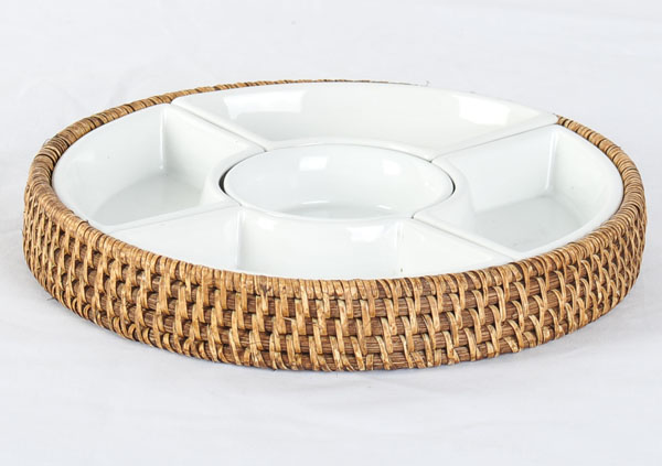 Round Rattan Tray With 5 Ceramic Pieces