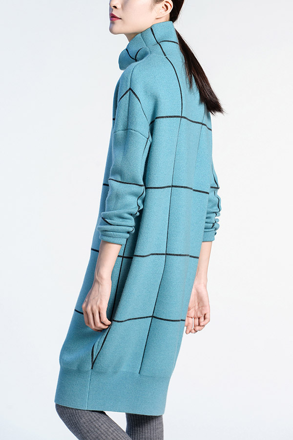 Ladies Turtle Neck Knitted Dress with Lines Details