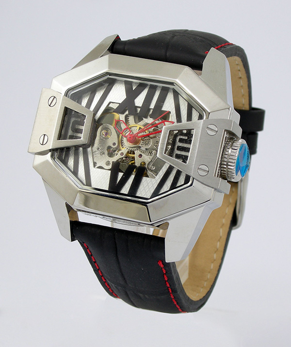 Gents Leather Stainless Steel Skeleton Automatic Mechanical Watch