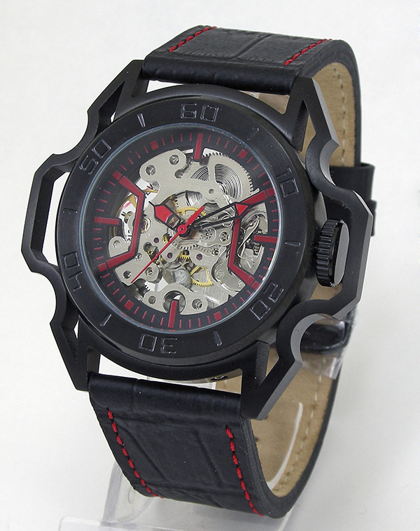 Gents Leather Stainless Steel Skeleton Automatic Mechanical Watch