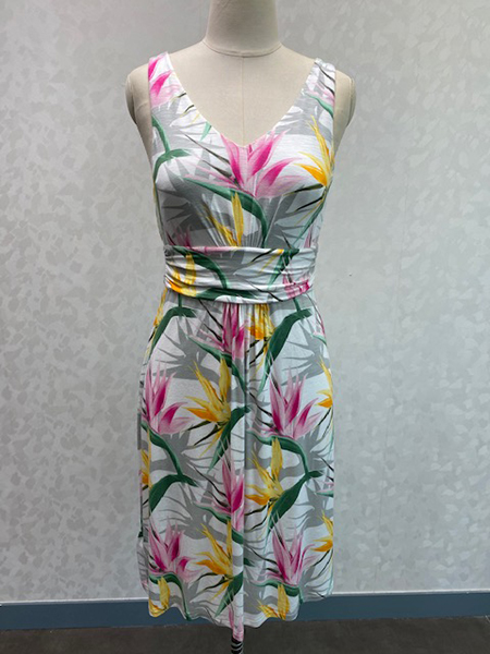 Printed V Neck Sleeveless Short Dress