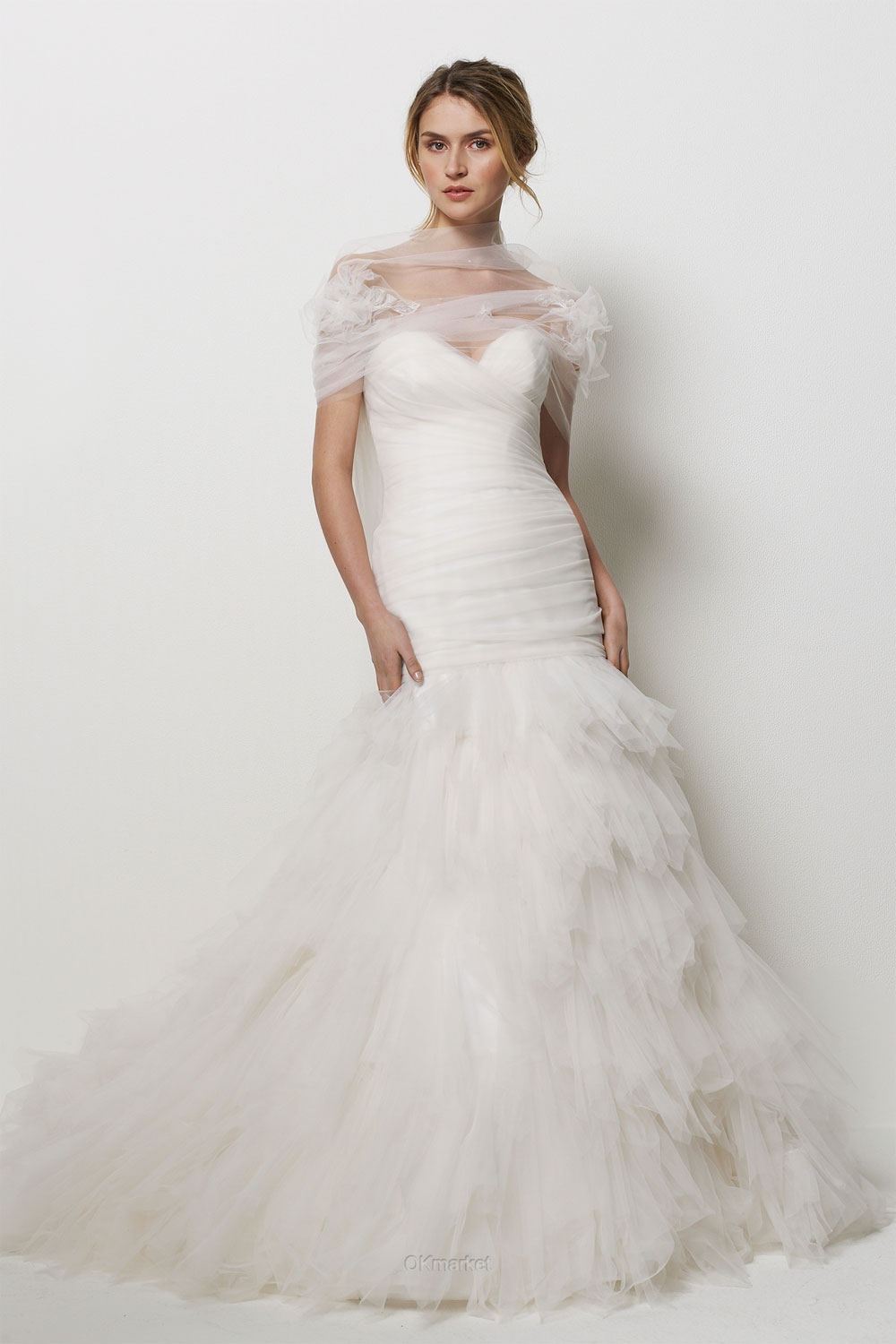 Sell vory Tulle Strapless Dress with Draped Bodice Ruffled Skirt