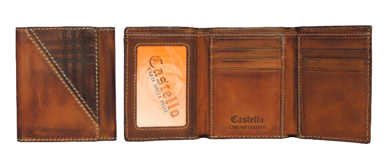 Castello Men's Trifold Leather Wallet with Checker Pattern