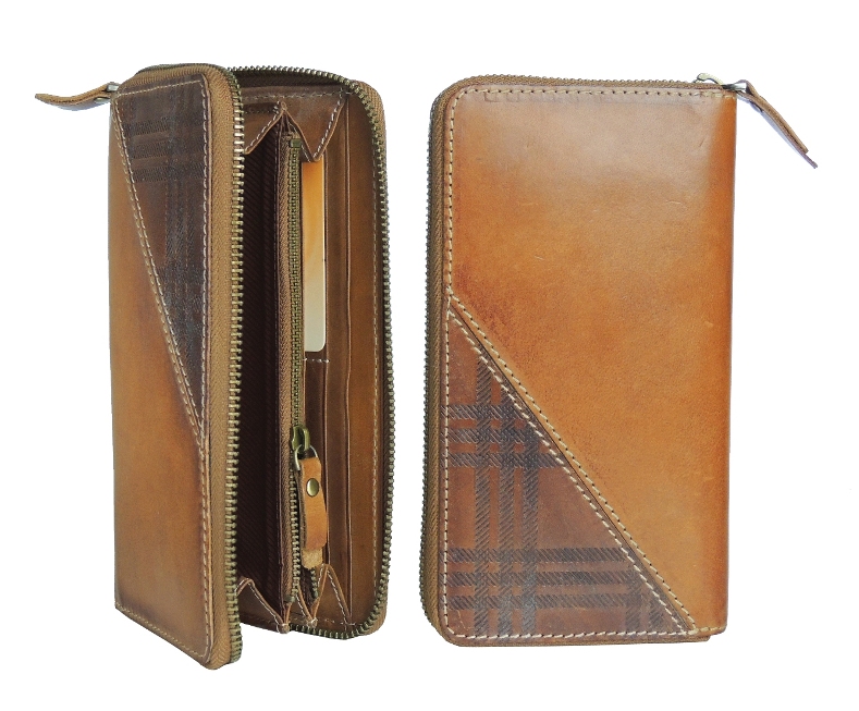 Castello Unisex Zip-Around Clutch Long Leather Wallet with Checker Pattern