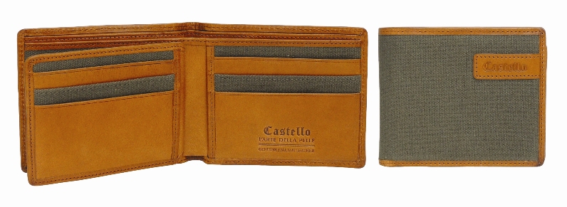 Castello Mens's Trifold Multi Card Holder Canvas Wallet with Leather Trimming
