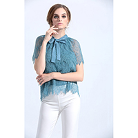 Short Sleeve Lace Top with Bow Tie at Neck