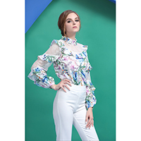 Long Sleeve Floral Print with Dot Mesh Contrast Ruffled Top