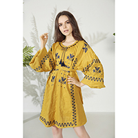 Embroidery Round Neck Puff Sleeve Knee Length Dress
