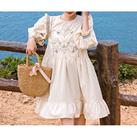 Beige Color Ruffles Embroidery Cotton Knee Length Dress