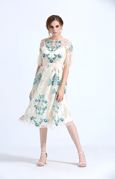 Dot Mesh Embroidery Knee Length Dress