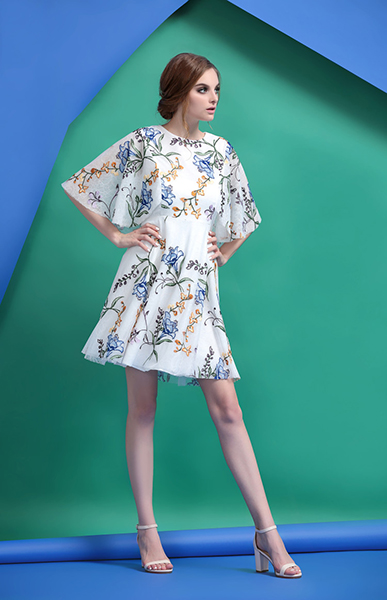 Dolman Sleeve Floral Embroidery Knee Length Dress