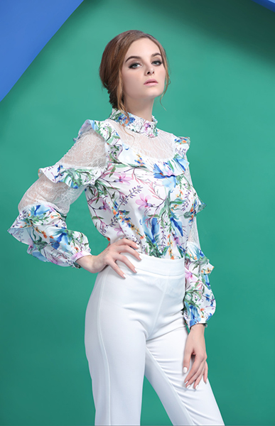 Long Sleeve Floral Print with Dot Mesh Contrast Ruffled Top