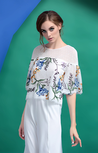Half Sleeve Floral Embroidery with Mesh Contrast Top