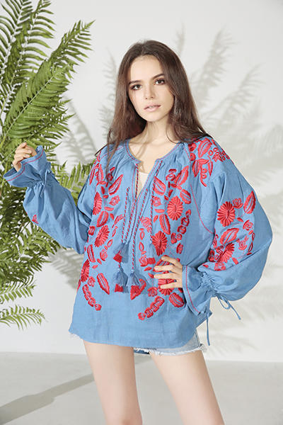 Floral Embroidered Lace Up Lantern Sleeve Loose Blouse