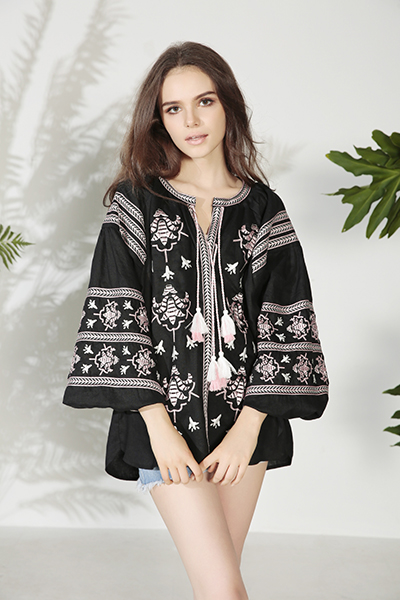 Black Floral Embroidered Lace Up Lantern Sleeve Boho Blouse