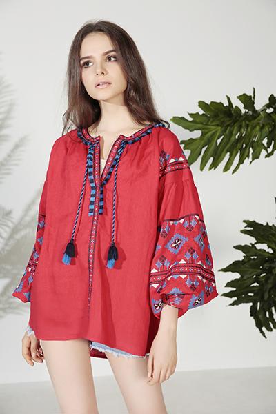 Floral Embroidered Lace Up Lantern Sleeve Boho Blouse