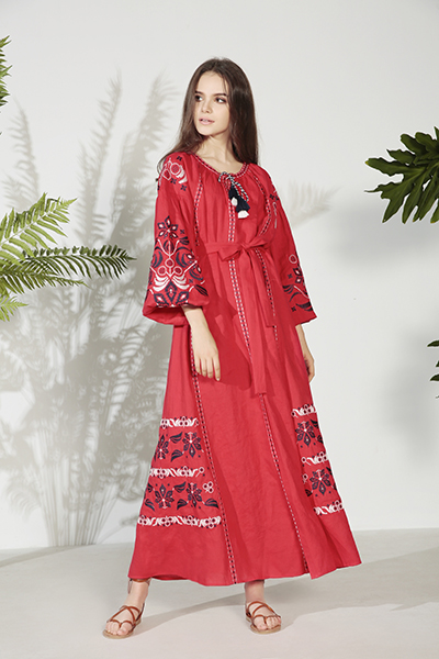 Floral Embroidered 3/4 Lantern Sleeve Ankle Length Dress