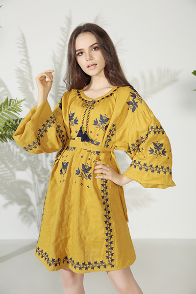 Embroidery Round Neck Puff Sleeve Knee Length Dress