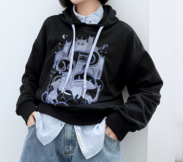 A/W Women's Embroidery Long Sleeve Drawstring Pullover Hoodie Sweater