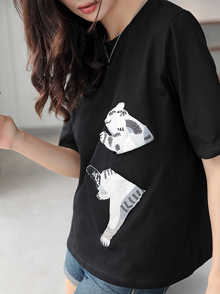 Cute Kitten Embroidered Short Sleeve T-Shirt