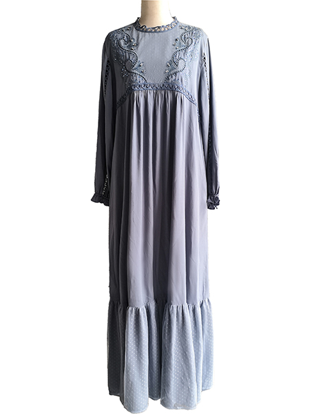 Embroidered & Beaded Maxi Dress Trimmed with Mesh