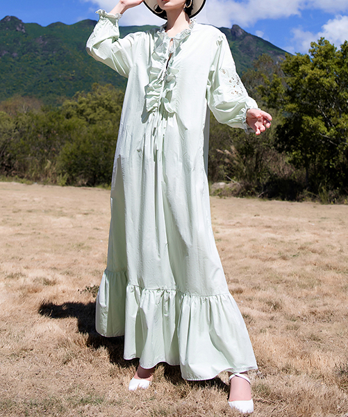 Ruffled Low Neck Embroidery Maxi Dress Light Green